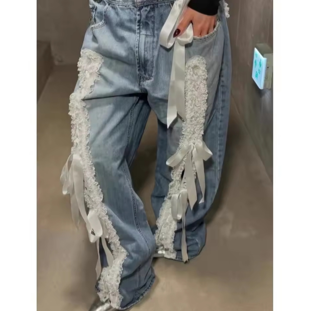 Street Spliced Button Jeans for Women Patchwork Bows Wide Leg Pants Female - Picture 5 of 5